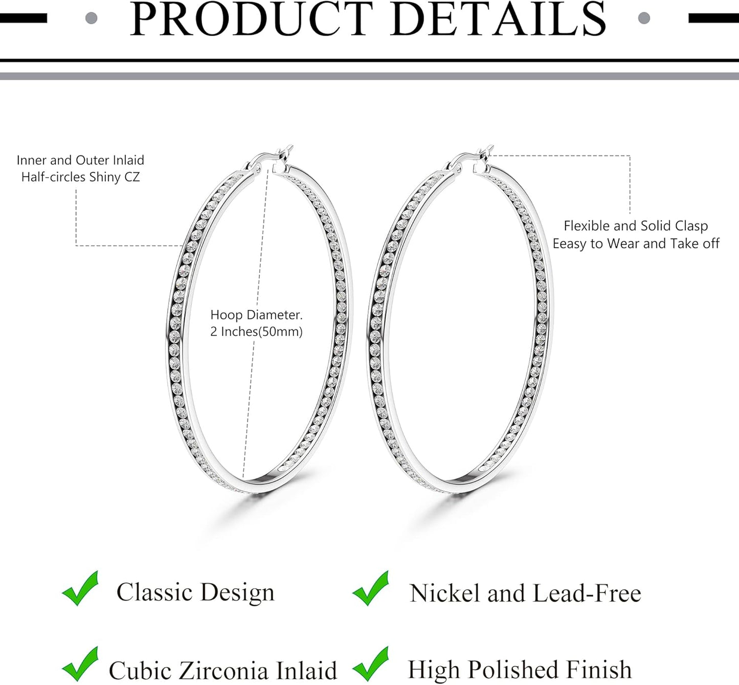 Stainless Steel Women Hoop Earrings Cute Huggie Earrings Cubic Zirconia Inlaid 50MM