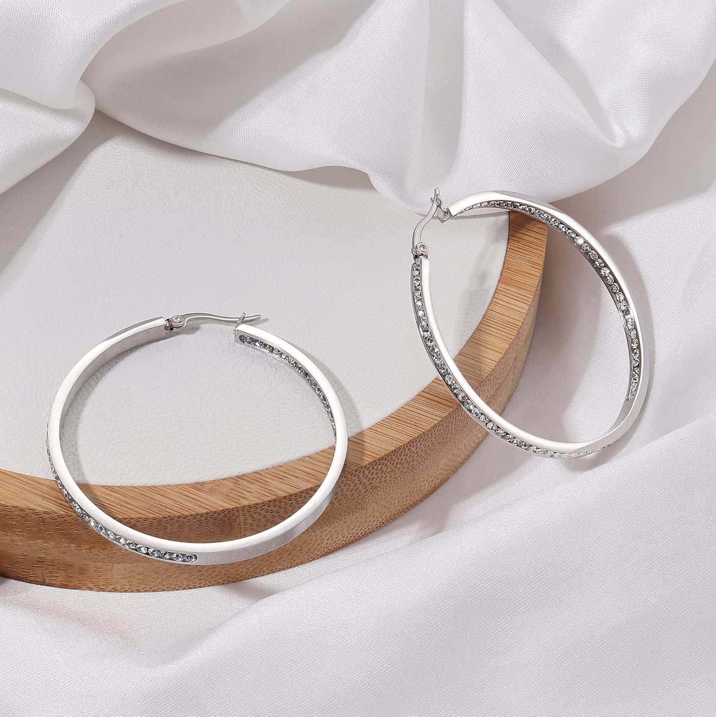 Stainless Steel Women Hoop Earrings Cute Huggie Earrings Cubic Zirconia Inlaid 50MM