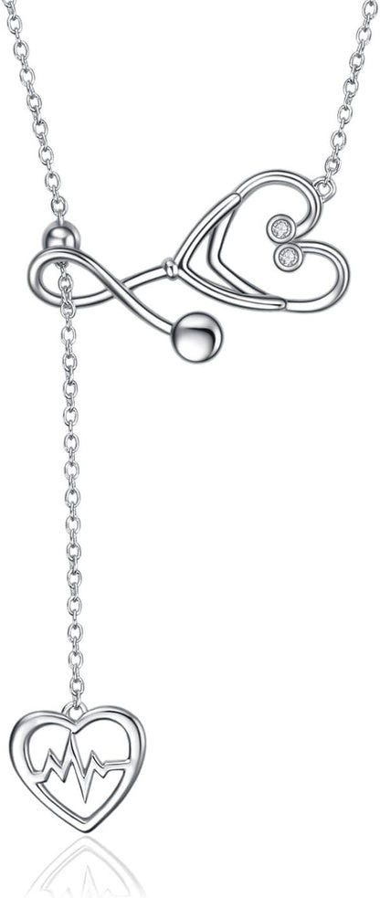 Sterling Silver Caduceus Angel Nursing Themed Stethoscope Pendant Necklace 18"