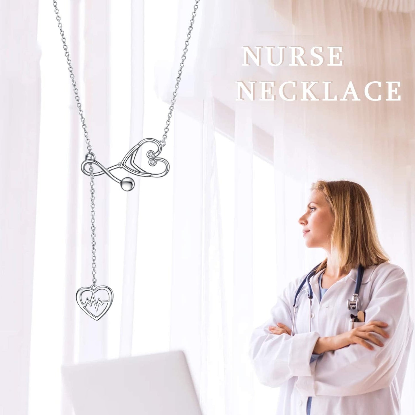 Sterling Silver Caduceus Angel Nursing Themed Stethoscope Pendant Necklace 18"