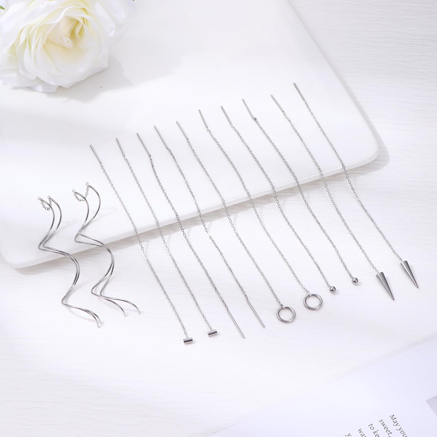 6 Pairs Stainless Steel Chain Tassel Earrings for Women Lightweight Wave Threader Ball Dangle Drop Minimalist Chain Earrings Set