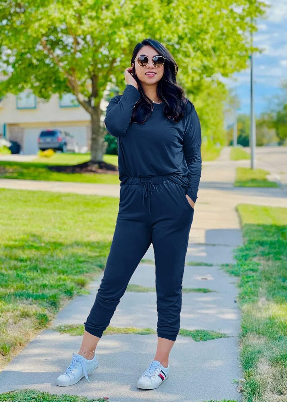 Women'S Fall 2 Piece Lounge Outfit Long Sleeve Crewneck Pullover Tops High Waisted Pants Set Tracksuit