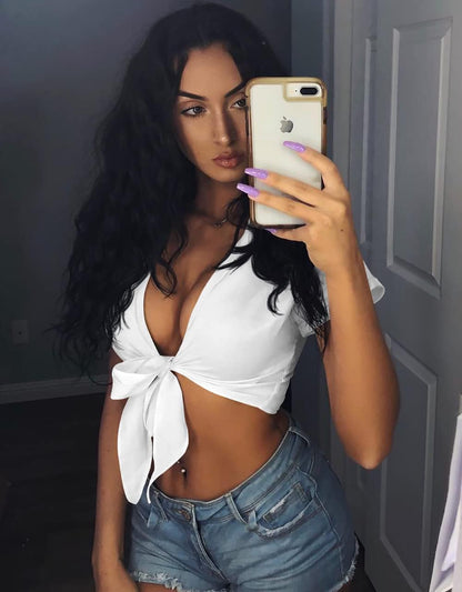 Womens Summer Short Sleeve Shirts V Neck Tie Knot Batwing Blouses Tops