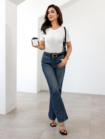 Women'S Basic Short Sleeve V Neck Ribbed Knit Crop Top Tee Shirt