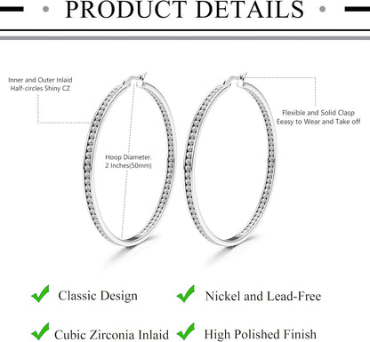 Stainless Steel Women Hoop Earrings Cute Huggie Earrings Cubic Zirconia Inlaid 50MM