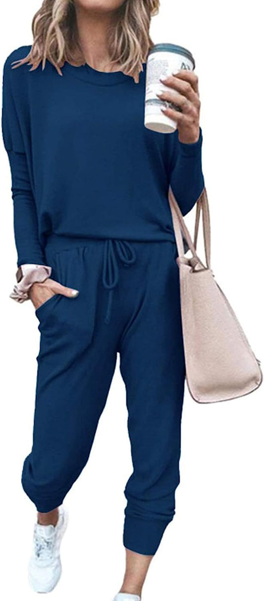 Women'S Fall 2 Piece Lounge Outfit Long Sleeve Crewneck Pullover Tops High Waisted Pants Set Tracksuit