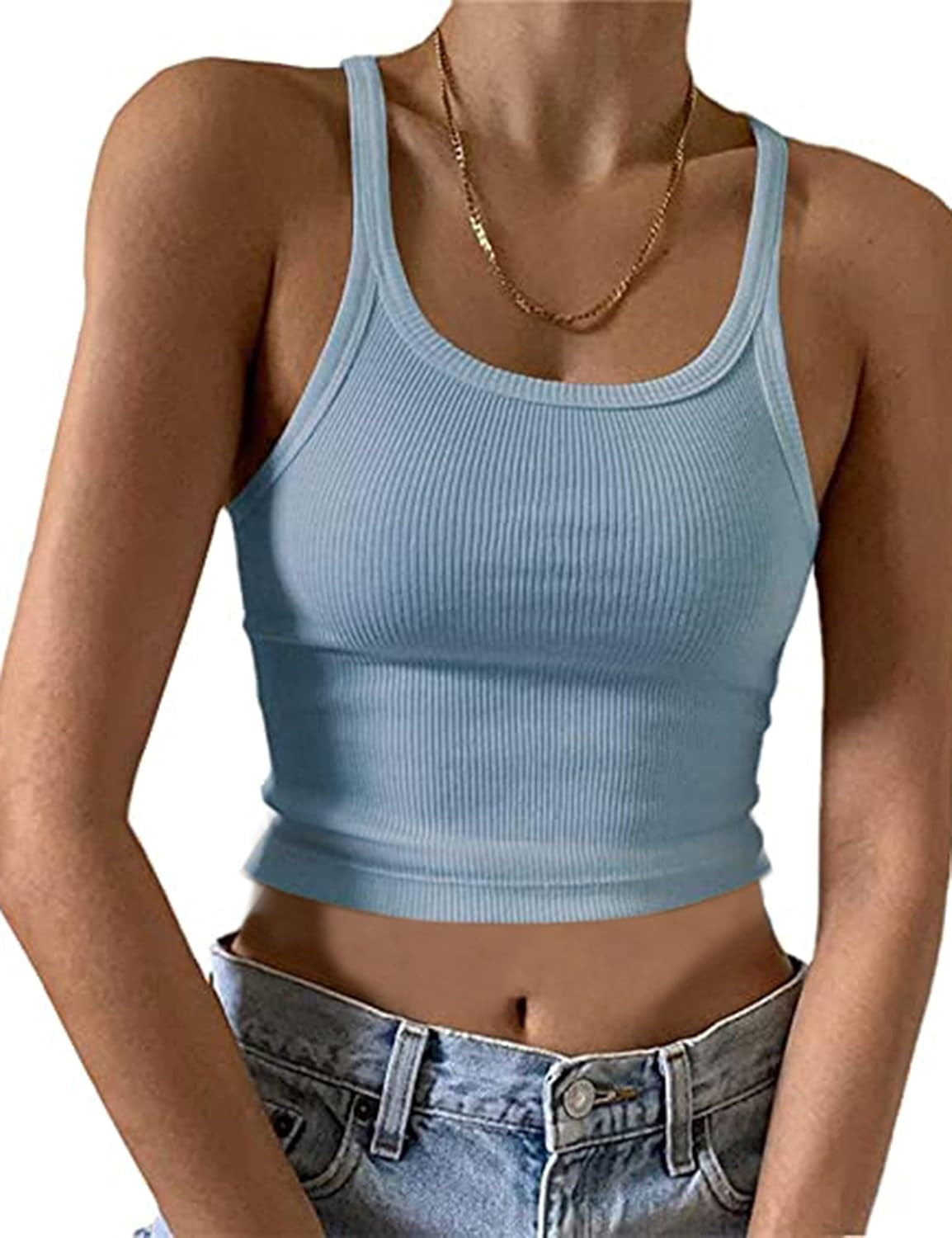 Women'S Sleeveless Crop Tank Top Slim Fit Scoop Neck Ribbed Knit Basic Crop Cami Shirts Tops